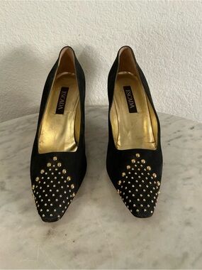 Escada Black Suede Pointed Pumps with Gold Studs